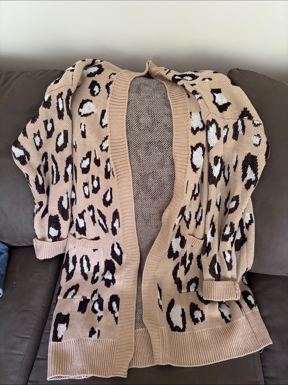 Leopard Print Open Cardigan - Beige, Black & White
